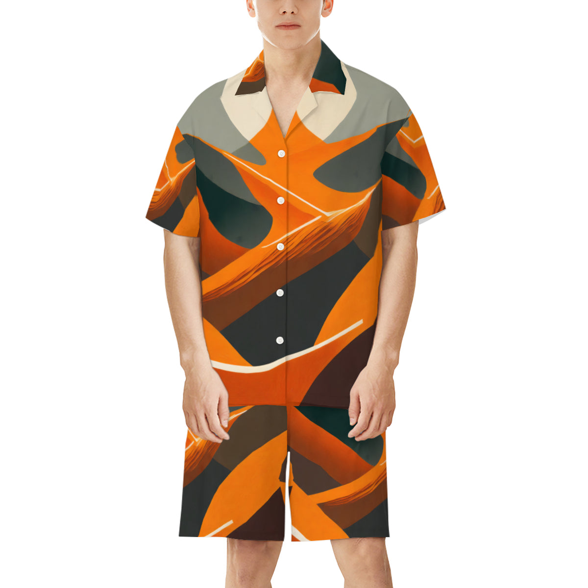 Abstract Orange Man's Shirt And Shorts Set