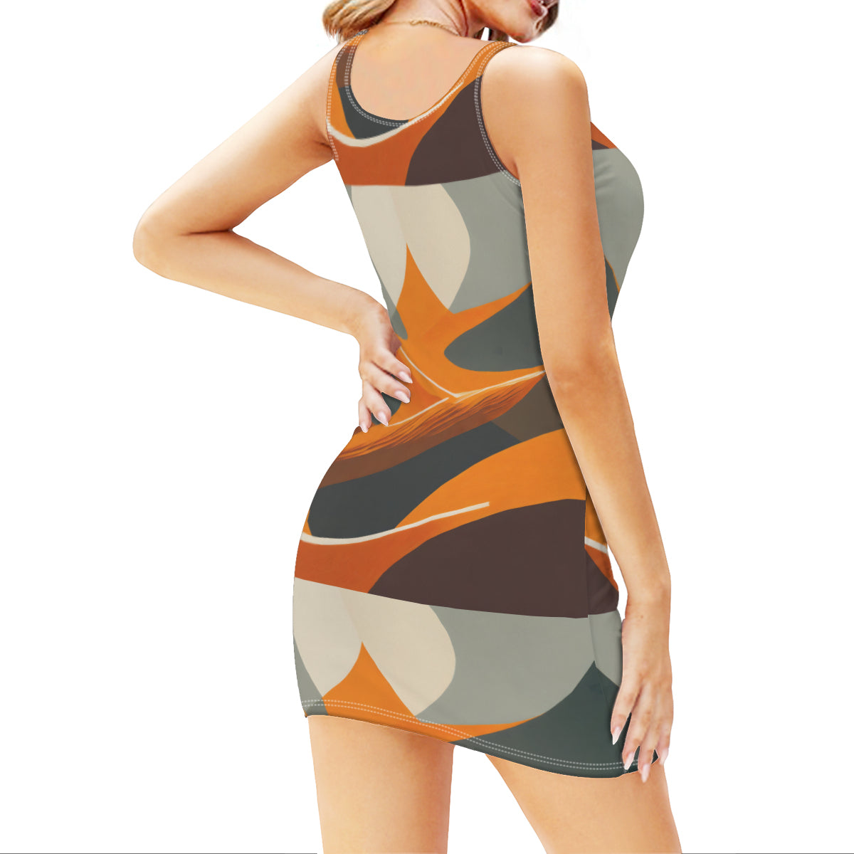 Abstract Orange Sleeveless Slim-Fit Tank Top Slip Dress
