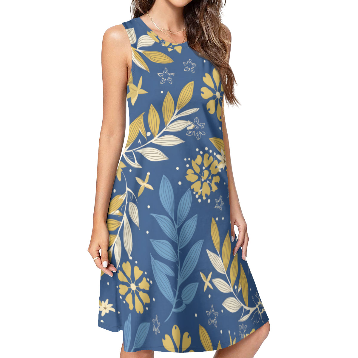 Blue Golden Leaves Women's Casual Dress | Polyester