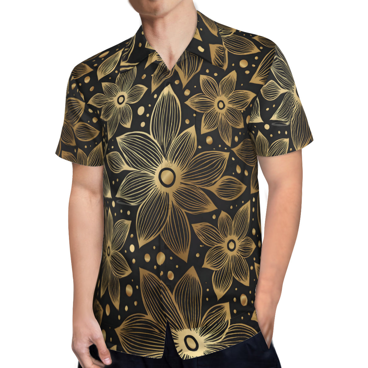 Gold Flowers And Leaves Men's Casual Short-Sleeved Shirt