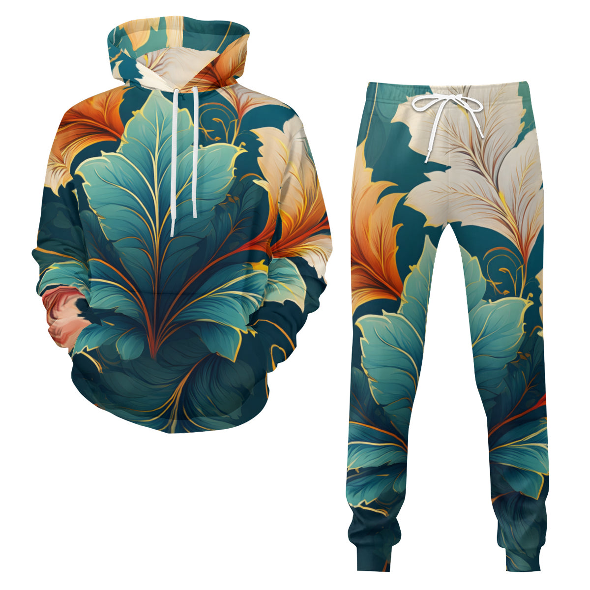 Botanical Pattern Men's Adult Hoodie Set (Double-Layer Hood)