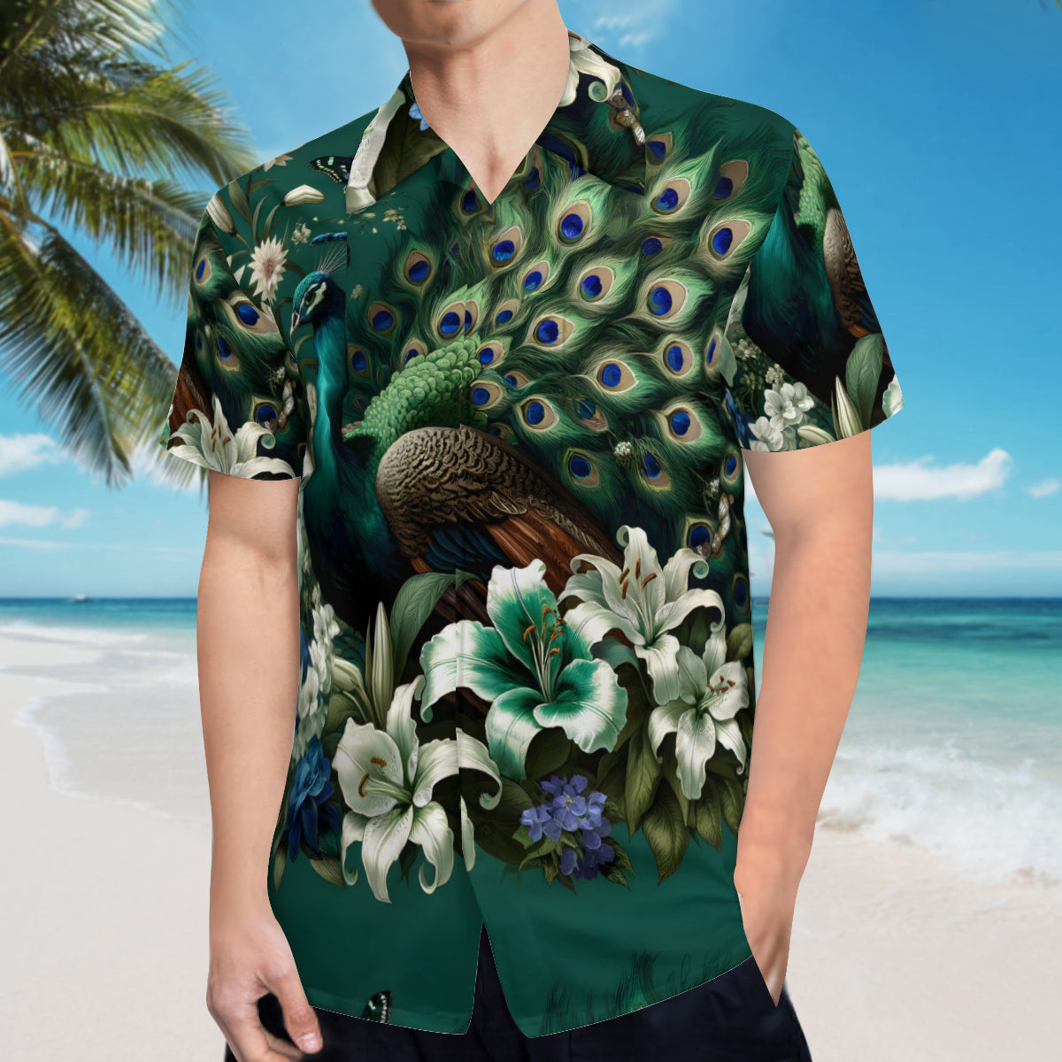 Peacock Pattern Men's Casual Short-Sleeved Shirt