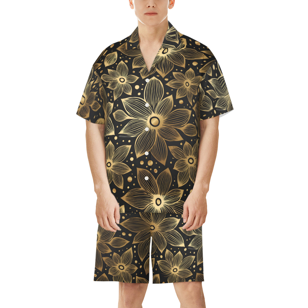 Gold Flowers And Leaves Man's Shirt and Short Set