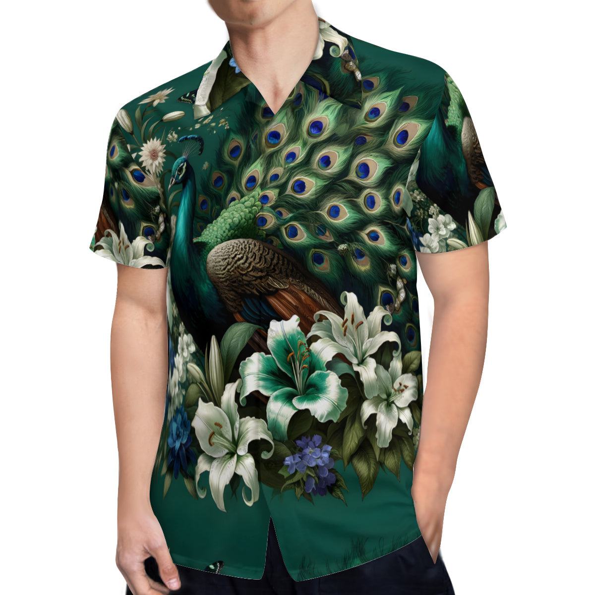 Peacock Pattern Men's Casual Short-Sleeved Shirt