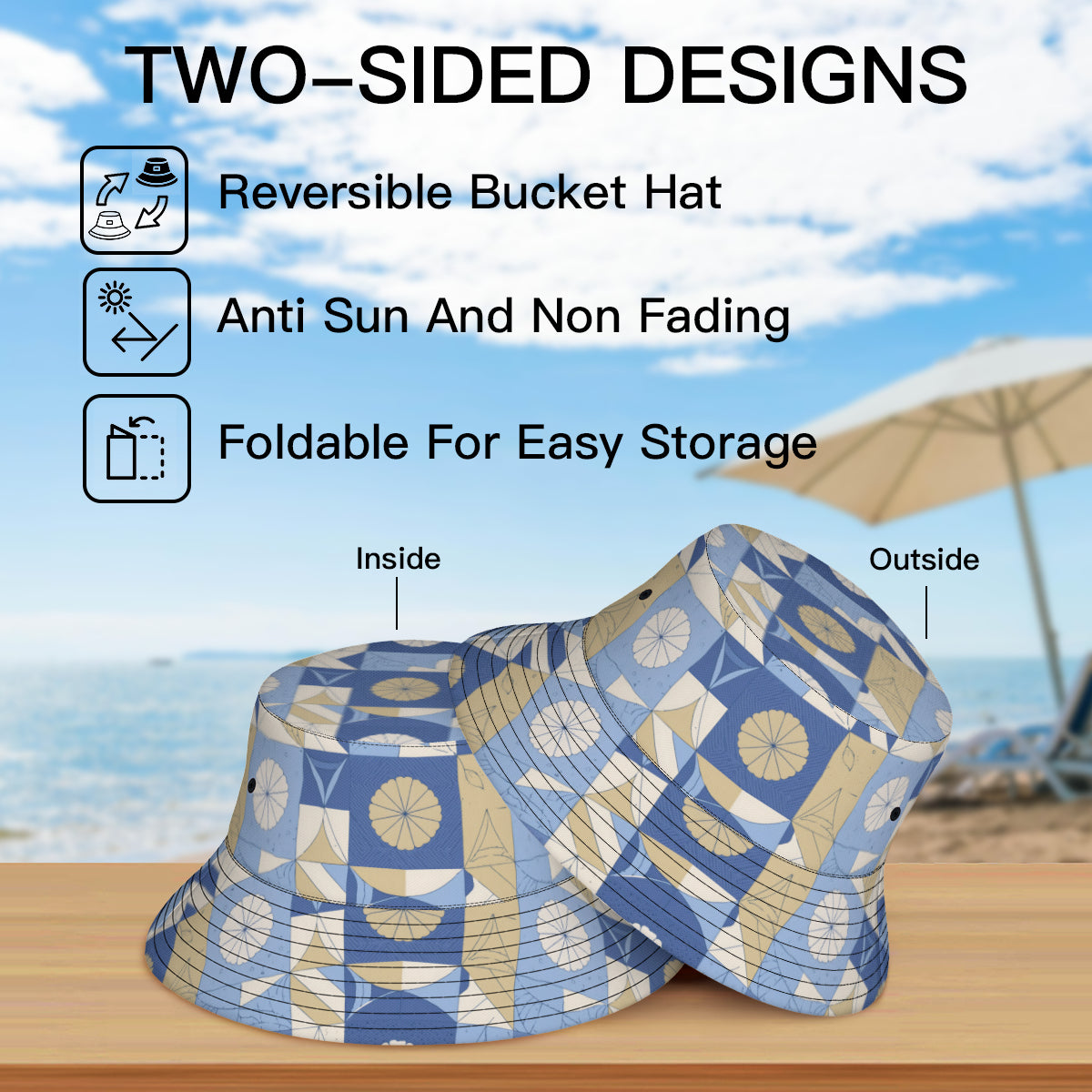 Abstract Blue Pattern Double-Sided Unisex Polyester Bucket Hat