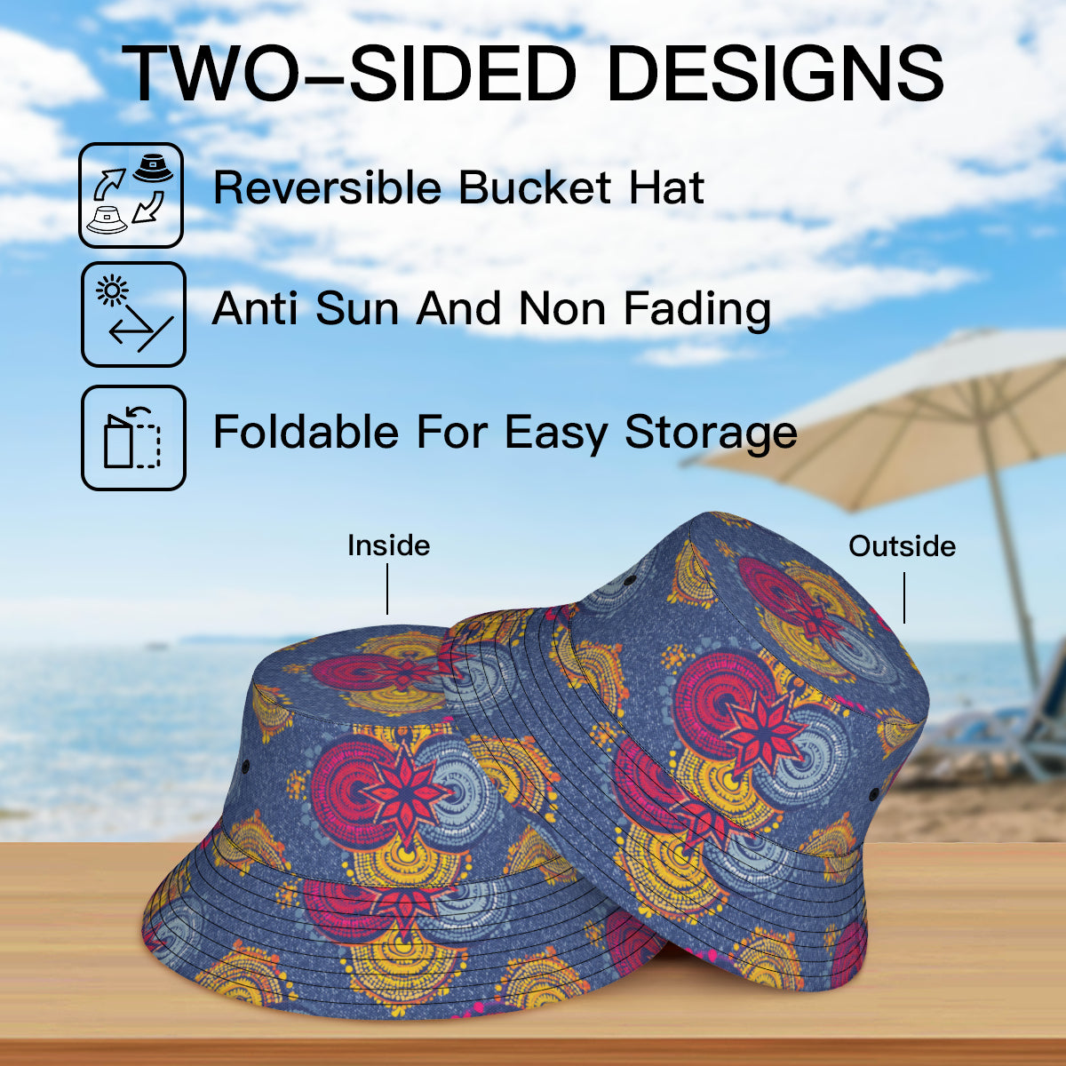 Abstract Blue Pattern Double-Sided Unisex Polyester Bucket Hat