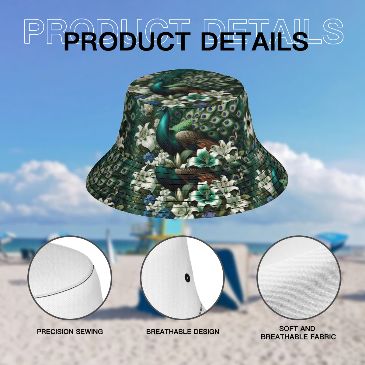 Peacock Pattern  Double-Sided Unisex Polyester Bucket Hat