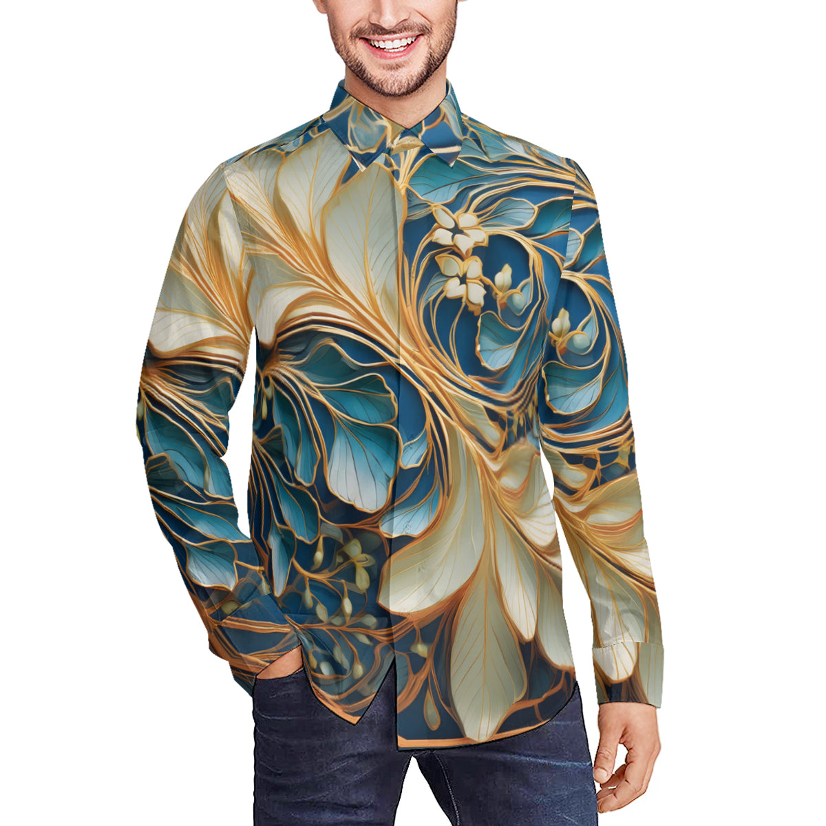 Elegant Floral Pattern Men's Classic Long-Sleeved Shirt