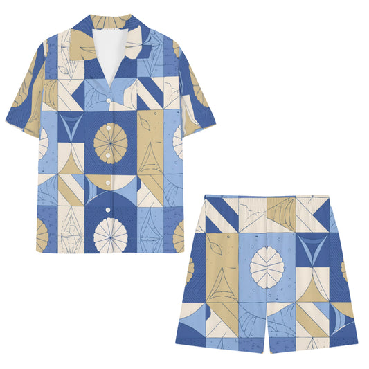 Abstract Blue Pattern Man's Shirt and Short Set