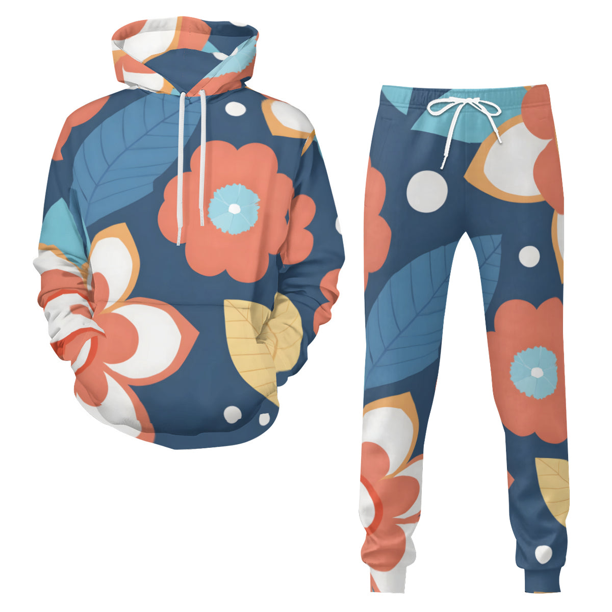 Flowers And Leaves Men's Adult Hoodie Set (Double-Layer Hood)