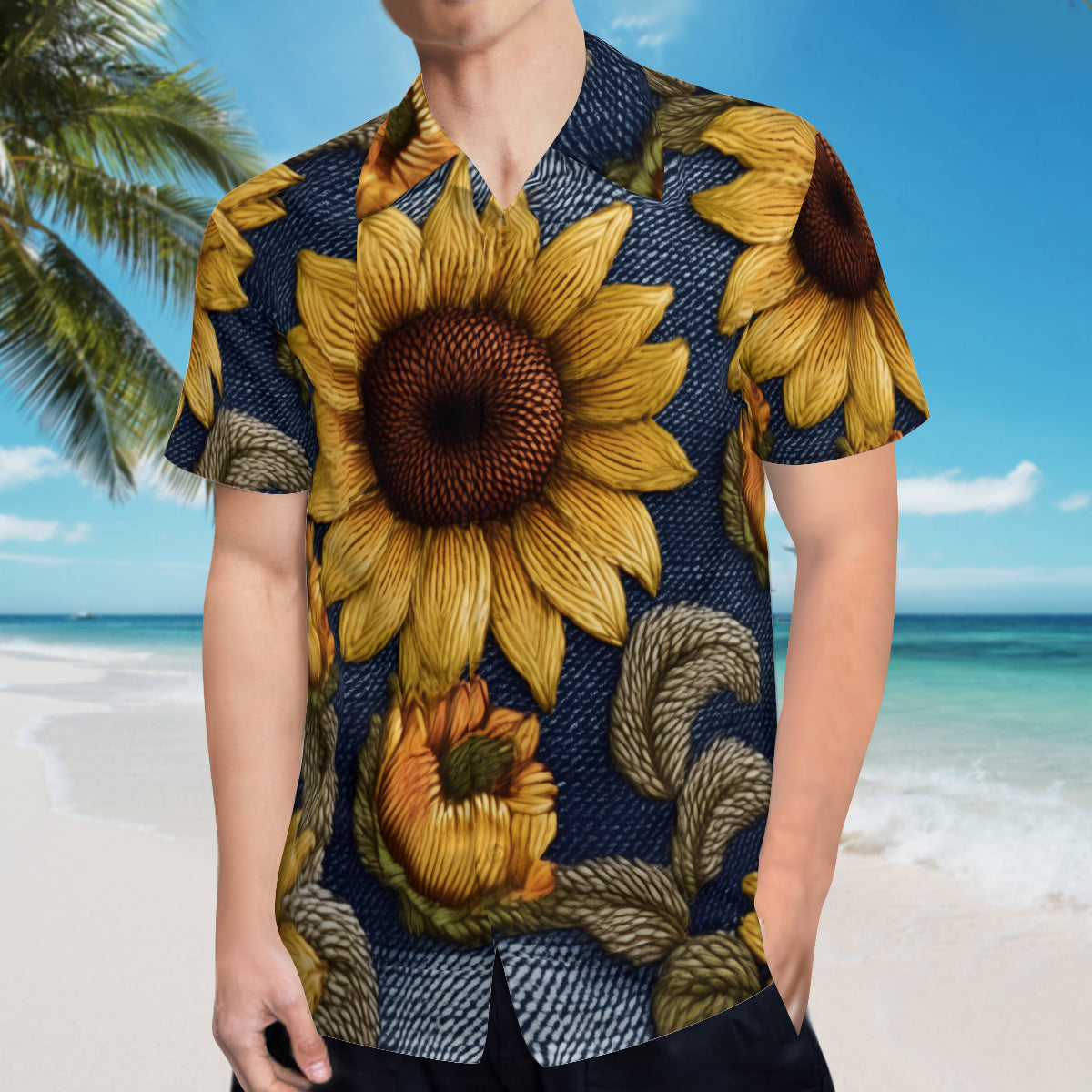 Sunflower Pattern Man's Casual Short-Sleeved Shirt