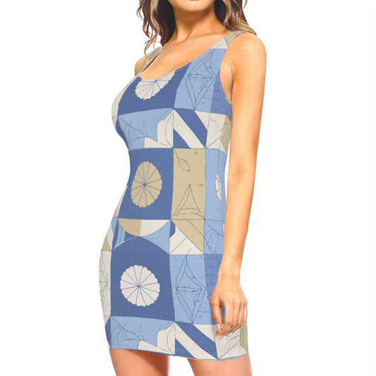 Abstract Blue Pattern Sleeveless Slim-Fit Tank Top Slip Dress