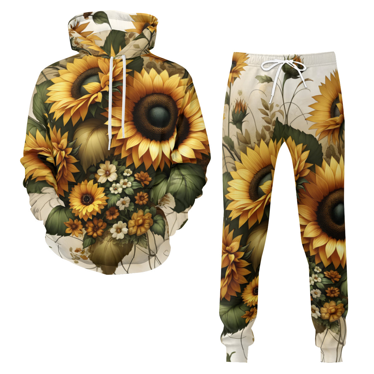 Sunflower Pattern Men's Adult Hoodie Set (Double-Layer Hood)