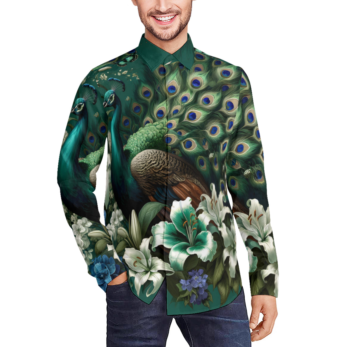 Peacock Pattern Men's Classic Long-Sleeved Shirt