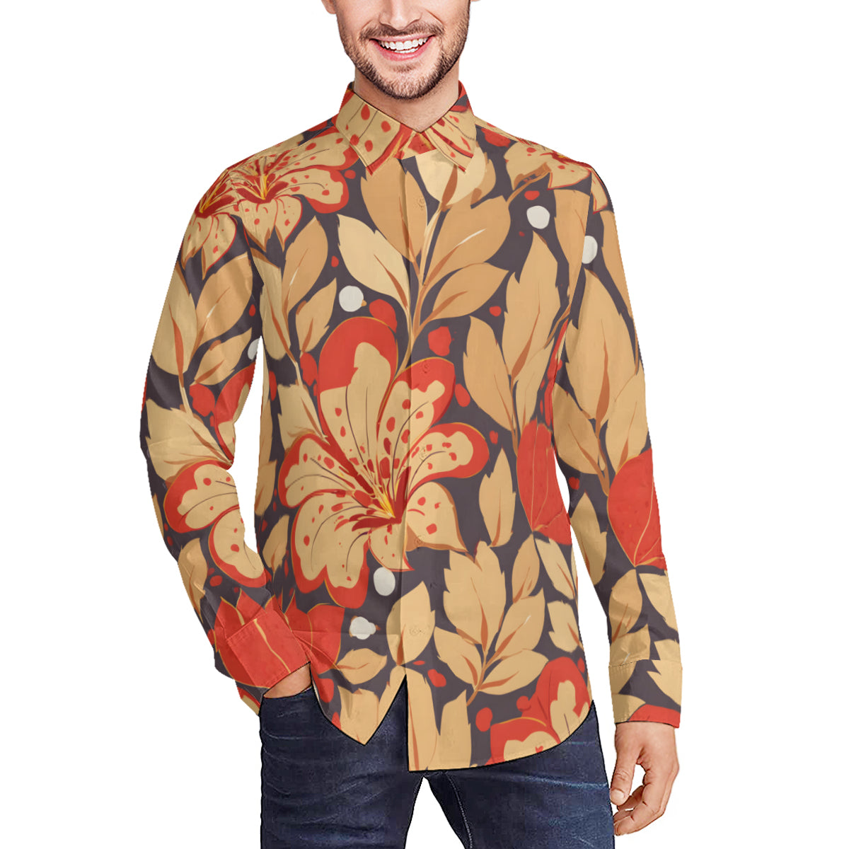 Gold Flowers Men's Classic Long-Sleeved Shirt