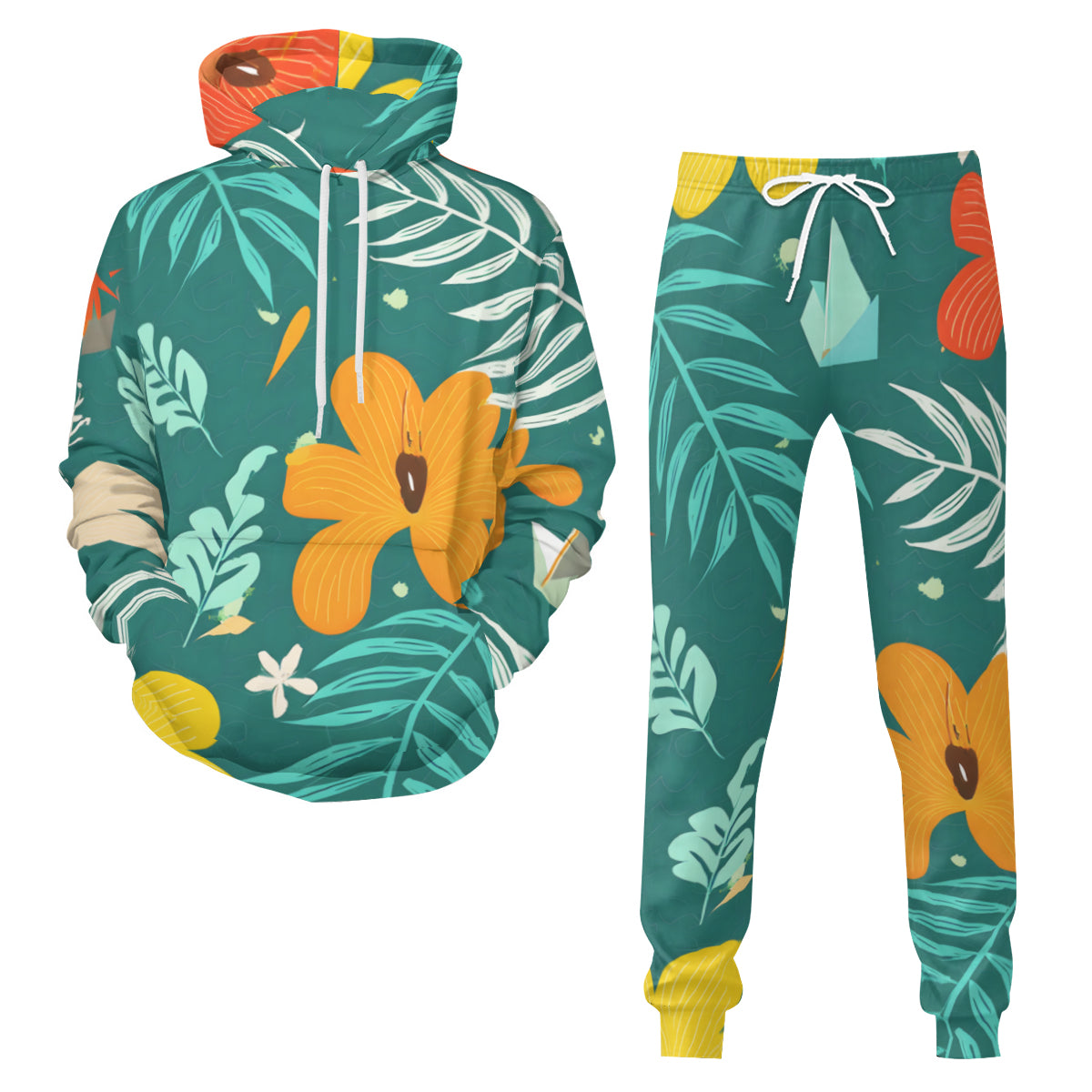 Tropical Floral Pattern Men's Adult Hoodie Set (Double-Layer Hood)