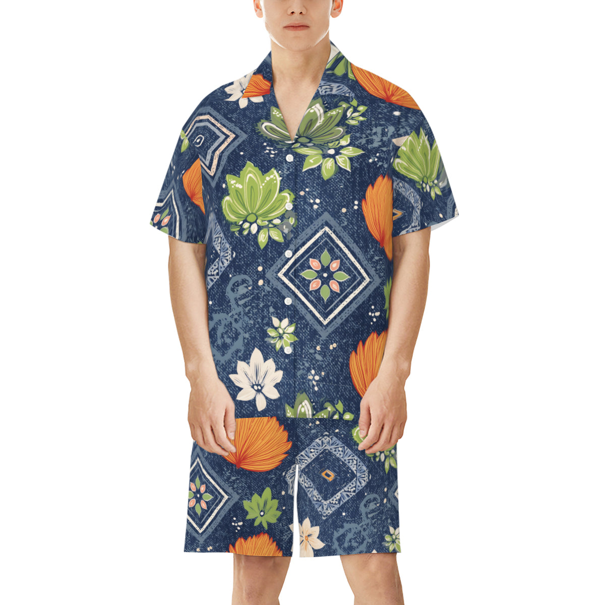 Dark Blue Abstract Man's Shirt and Short Set