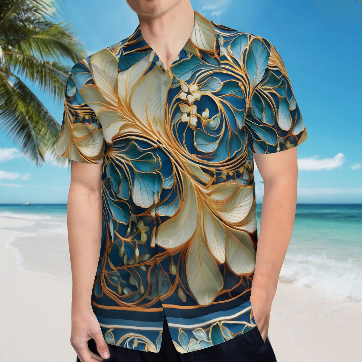 Elegant Floral Pattern Men's Casual Short-Sleeved Shirt