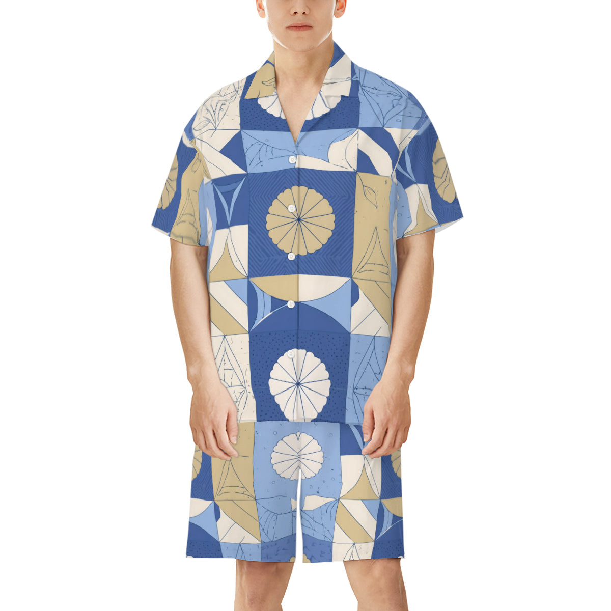 Abstract Blue Pattern Man's Shirt and Short Set