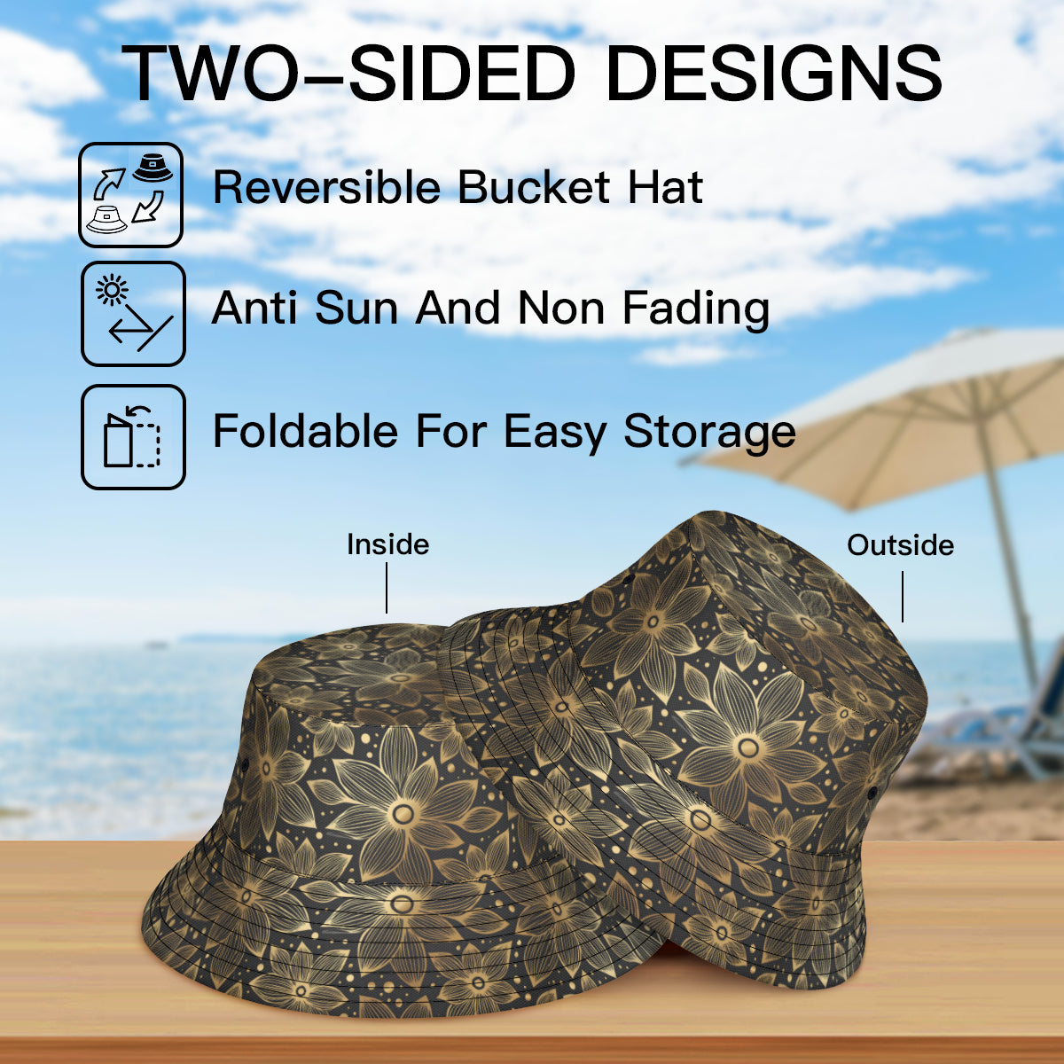 Gold Flowers And Leaves Double-Sided Polyester Bucket Hat