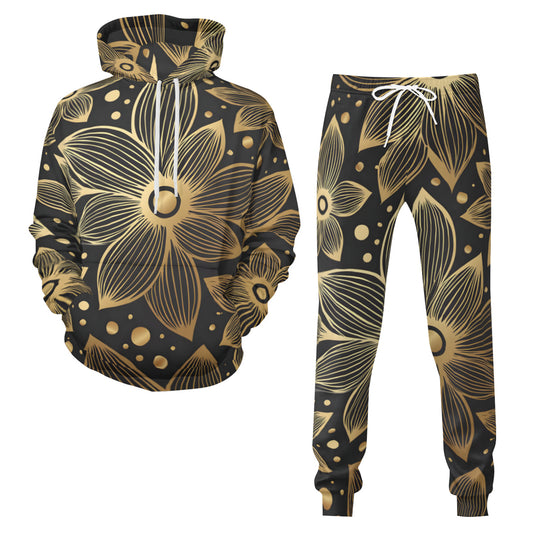 Gold Flowers And Leaves Men's Adult Hoodie Set (Double-Layer Hood)