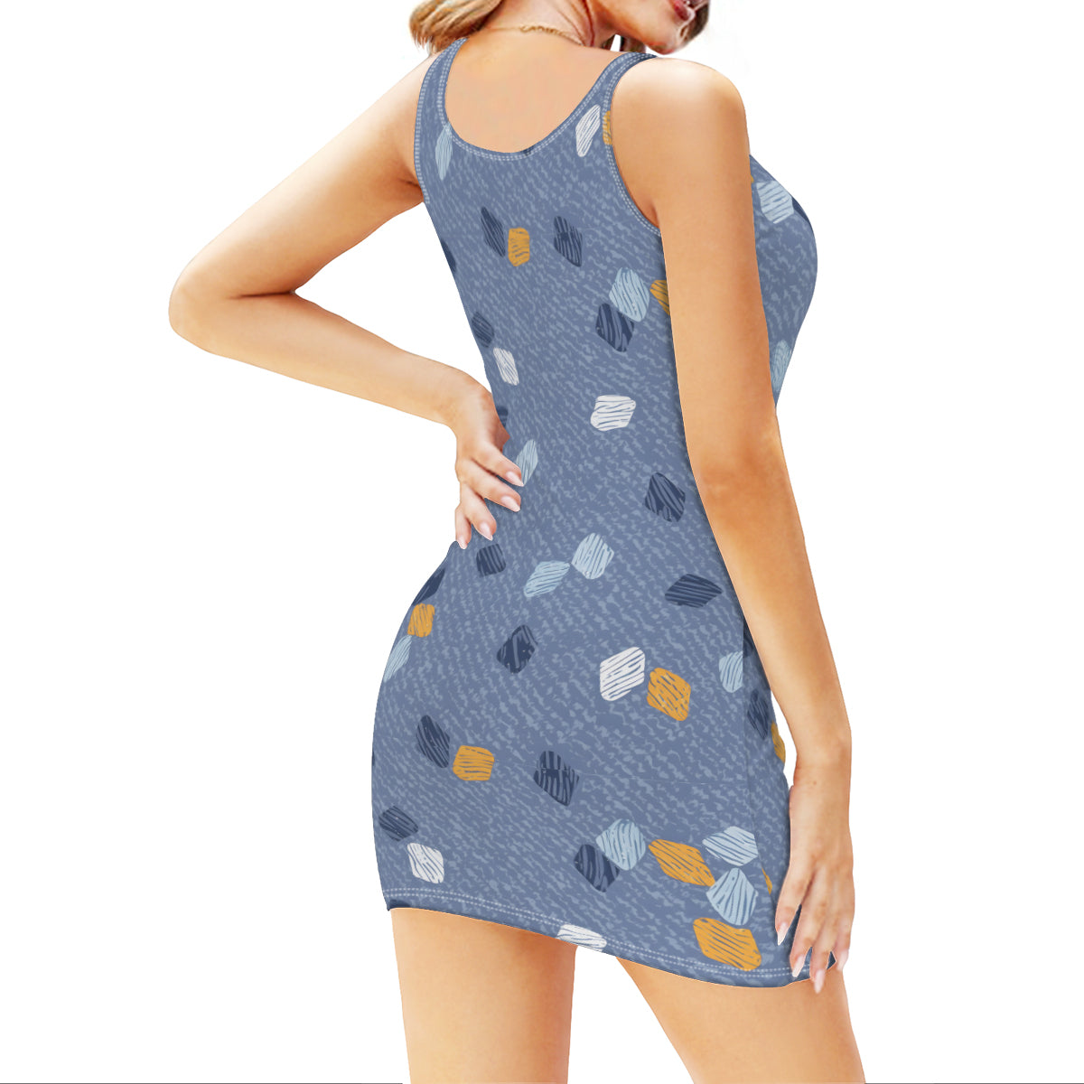 Abstract Denim Pattern Sleeveless Slim-Fit Tank Top Slip Dress