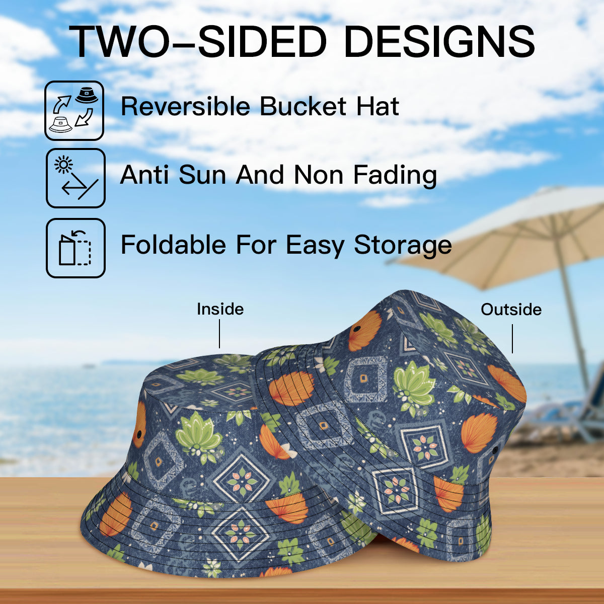 Dark Blue Abstract Double-Sided Unisex Polyester Bucket Hat