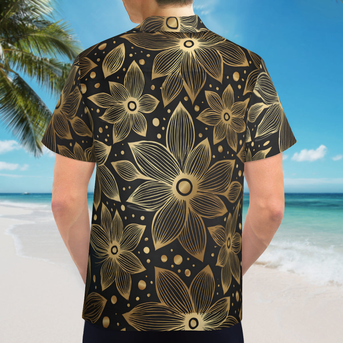 Gold Flowers And Leaves Men's Casual Short-Sleeved Shirt