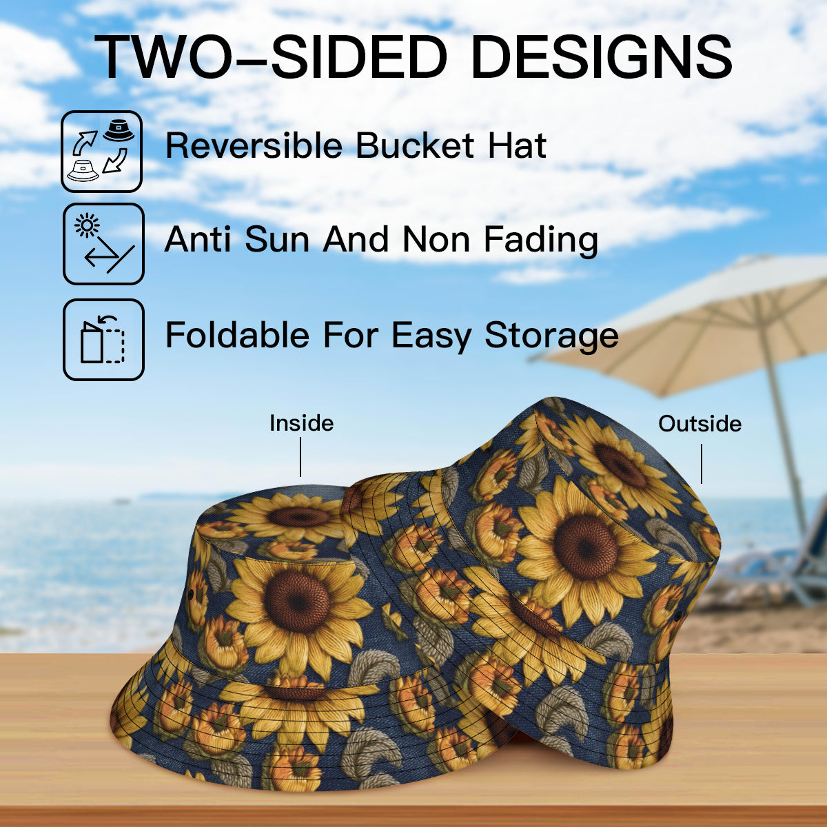 Sunflower Pattern Double-Sided Unisex Polyester Bucket Hat