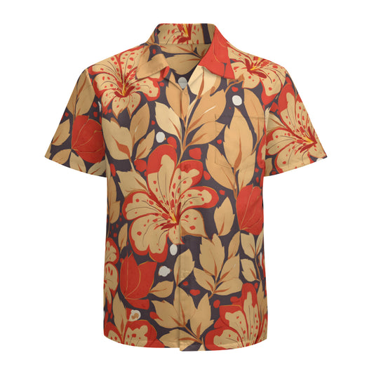 Gold Flowers Man's Casual Short-Sleeved Shirt