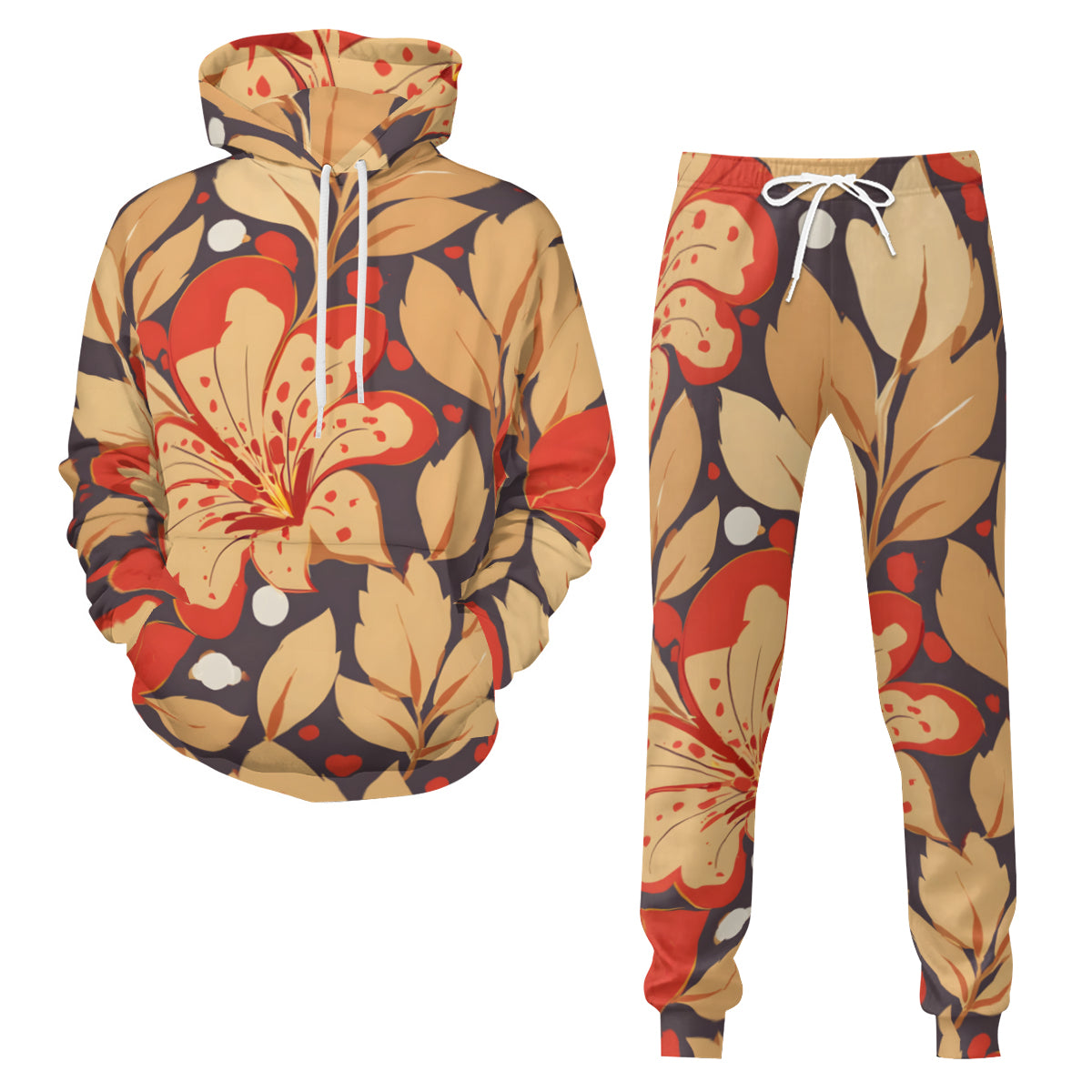 Gold Flowers Men's Adult Hoodie Set (Double-Layer Hood)