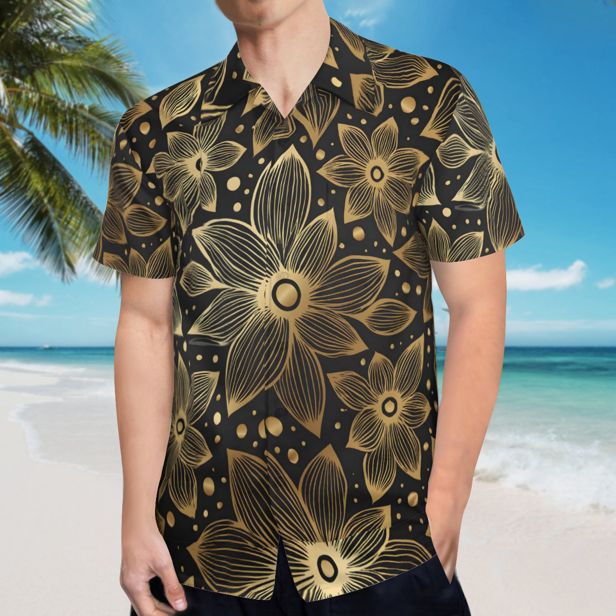 Gold Flowers And Leaves Men's Casual Short-Sleeved Shirt