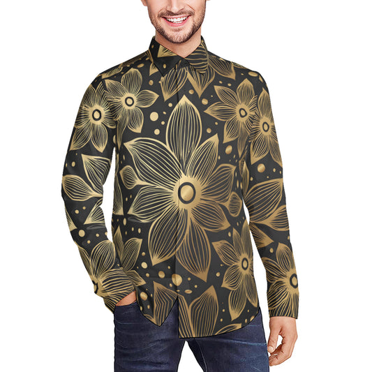 Gold Flowers And Leaves Men's Classic Long-Sleeved Shirt