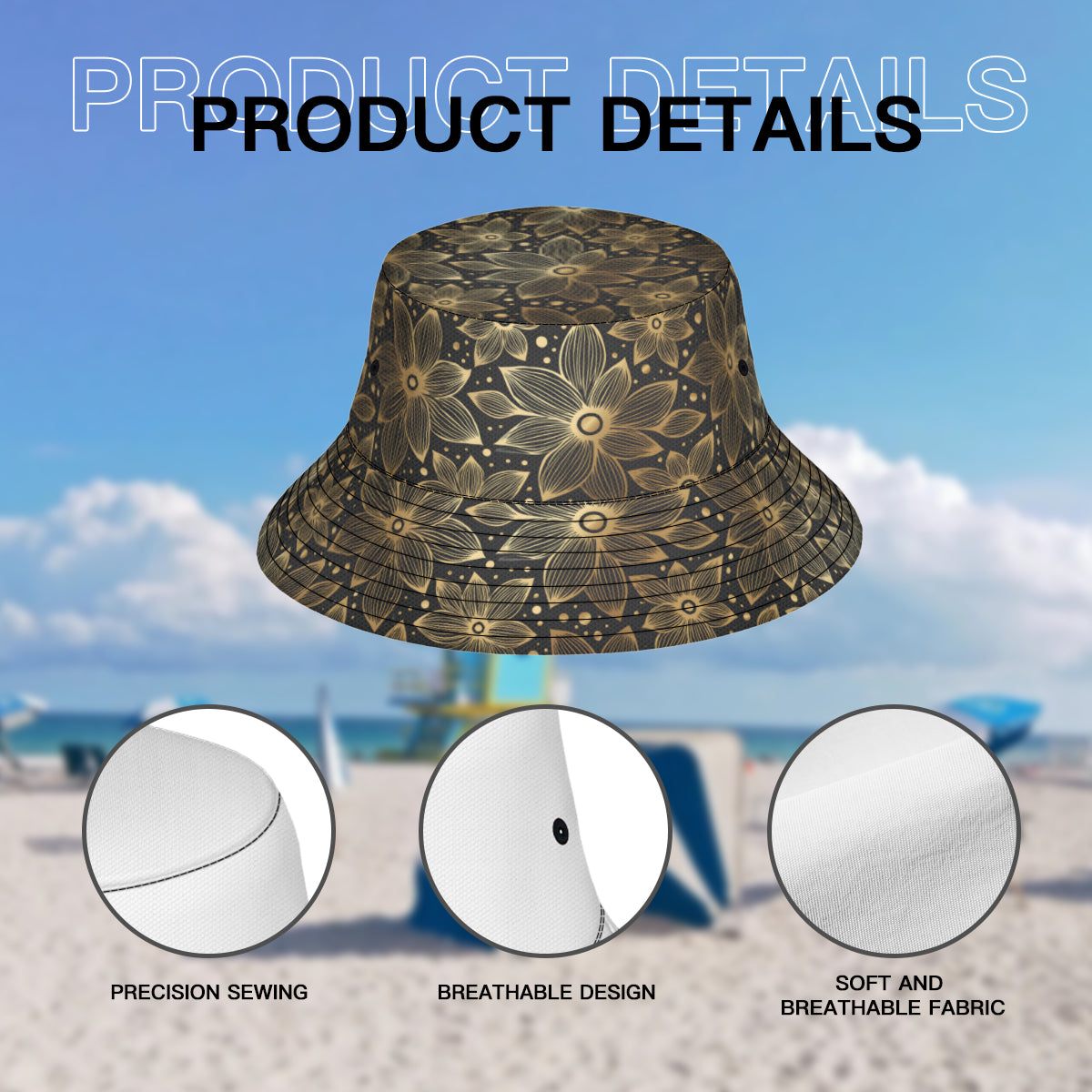 Gold Flowers And Leaves Double-Sided Polyester Bucket Hat